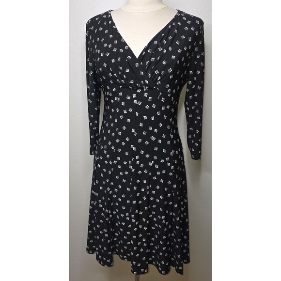 LAUREN RALPH LAUREN Women's 12P Black White Geometric Fit And Flare Dress -1867 - Picture 2 of 9